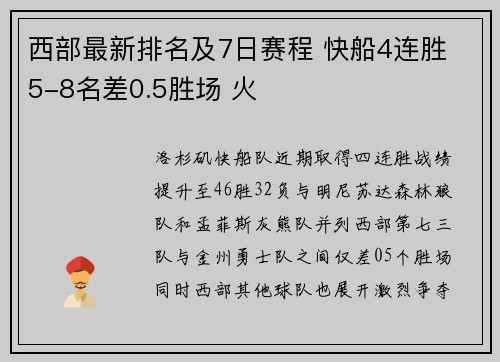 西部最新排名及7日赛程 快船4连胜 5-8名差0.5胜场 火